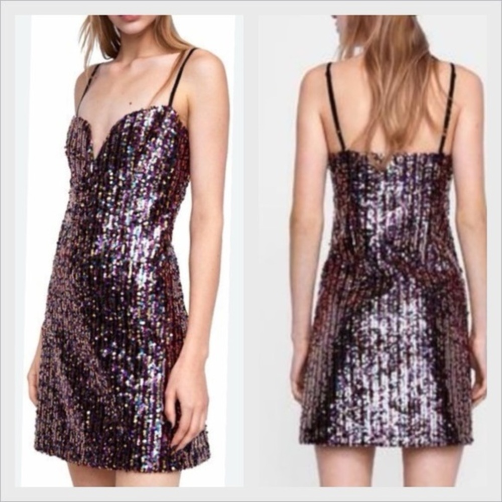 Zara Multicolor Sequin Mini Dress Slip SweetHeart Neckline size Small